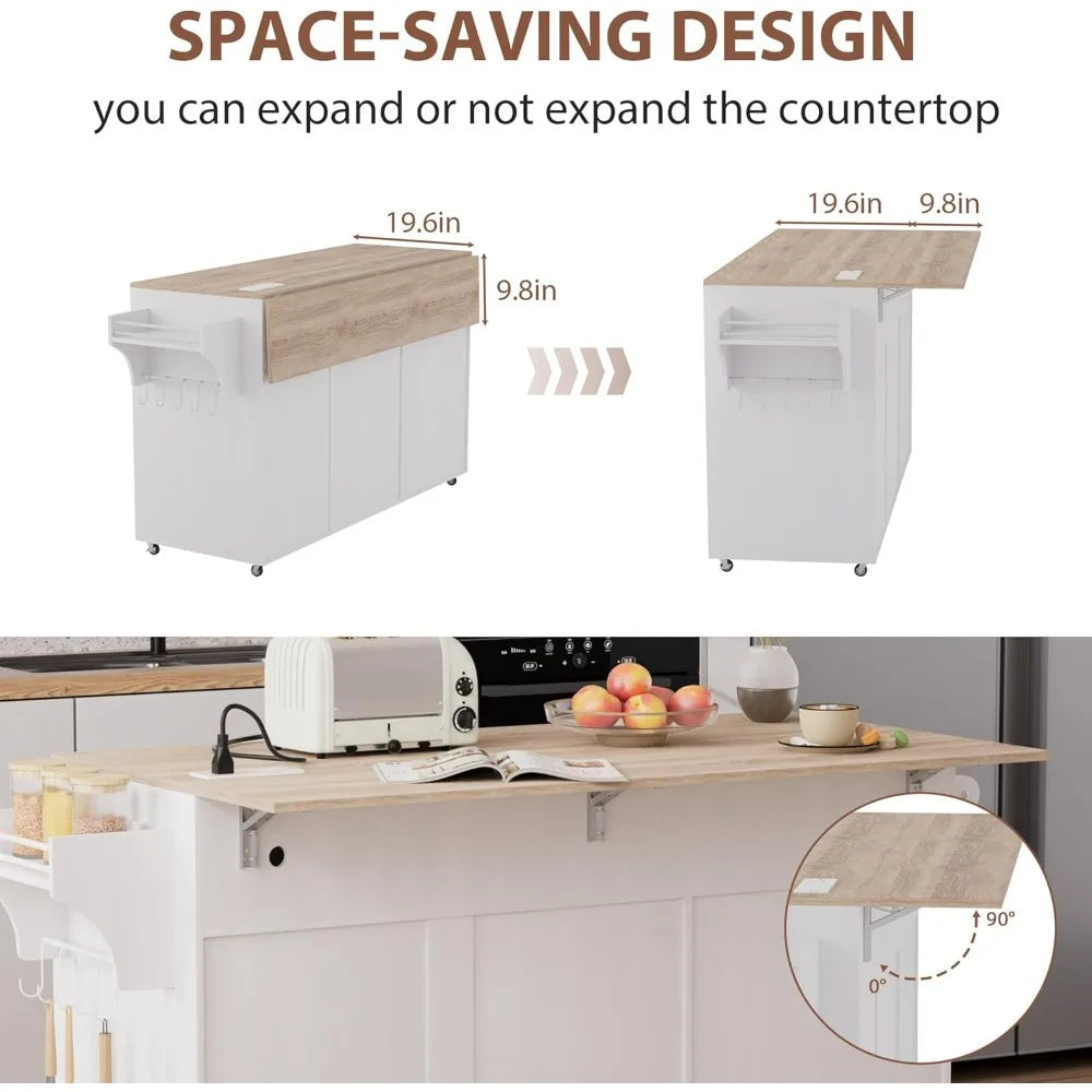Kitchen Island On Wheels With Storage, Rolling Kitchen Islands With Drop Leaf&Power Outlet, Mobile Kitchen Island Cart With Tras