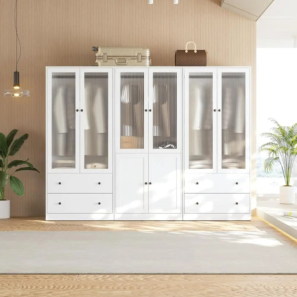 20-Drawer Glass-Door Wardrobe, 71 High Hanging Storage Cabinet with Soft-Close, Large Capacity White Closet