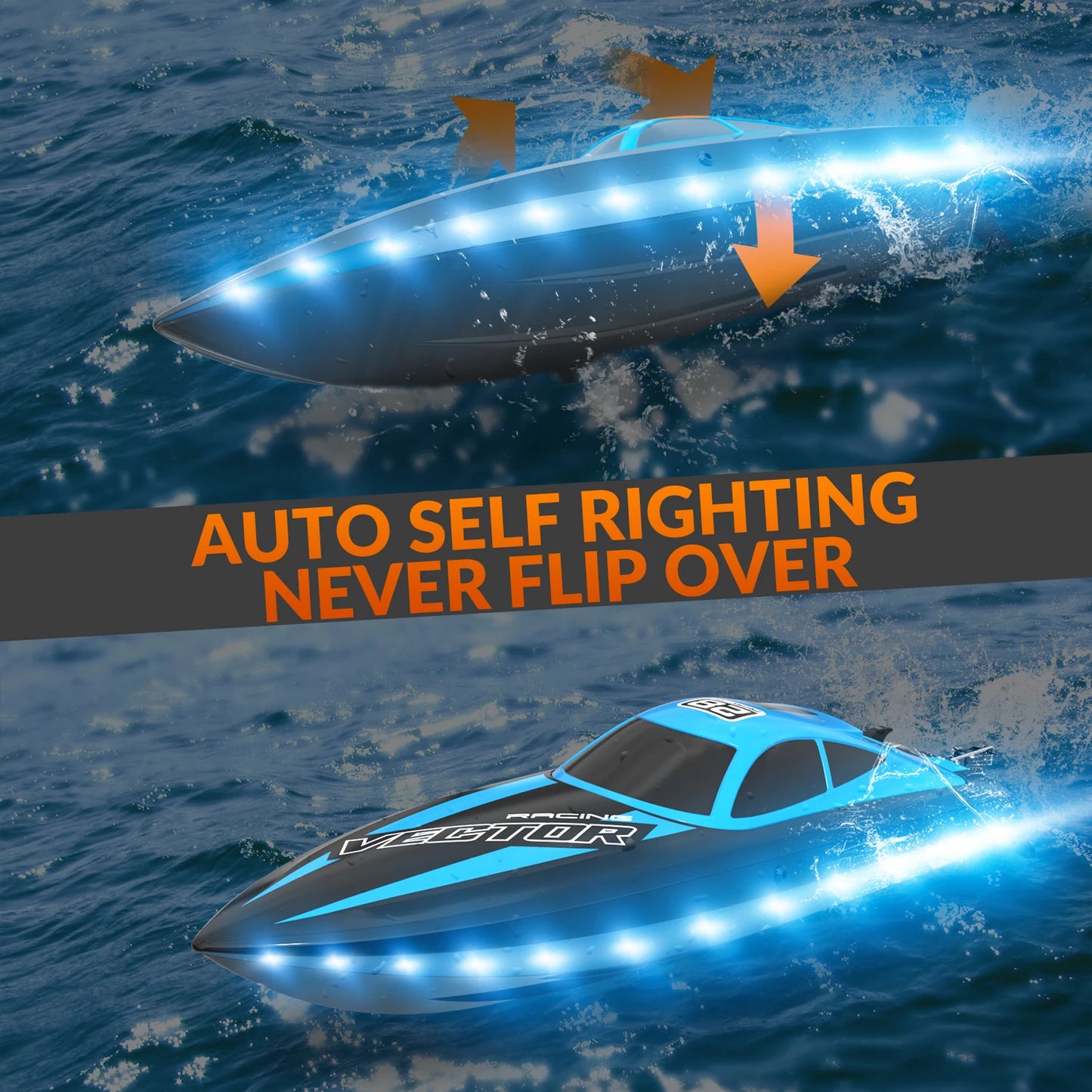 VOLANTEXRC RC Boat 20MPH Fast Remote Control Boat with Lights 2.4Ghz Toy Boat for Pools and Lakes with 2 Rechargeable Batteries
