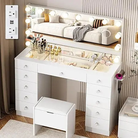 illuminated glass vanity desk with 11 drawers and 3 adjustable light modes