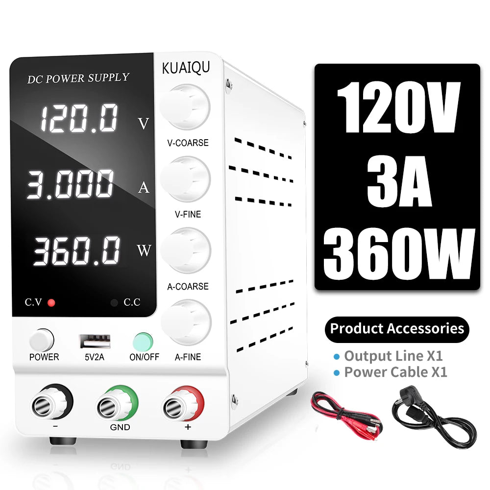 KUAIQU Adjustable Switching DC Power Supply 30V 10A 6A Lab Bench Power Supply 60V 5A 120V 3A Output Preset Current USB Interface