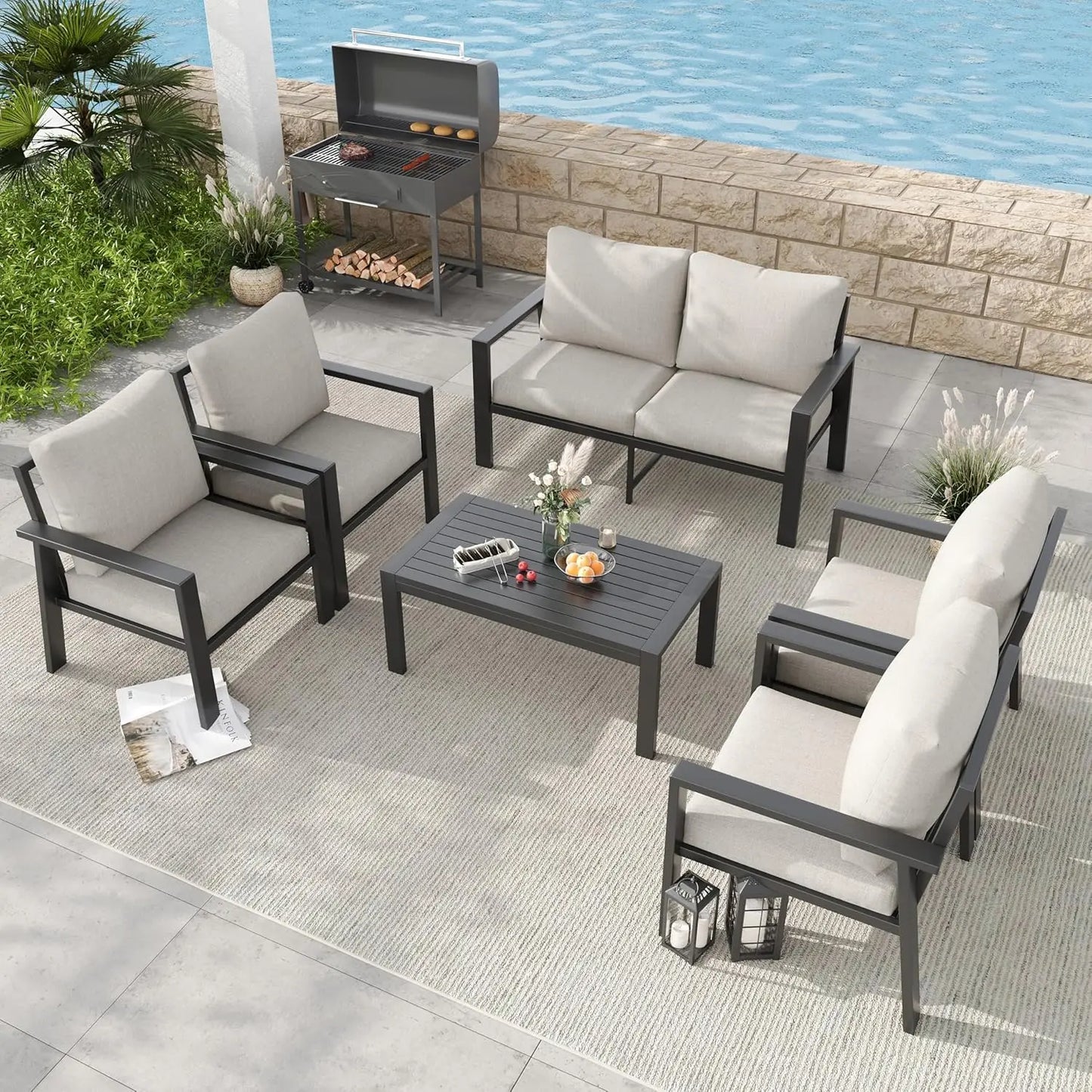 Aluminum Patio Conversation Set 6 Pieces Metal Deck Outdoor Furniture 6-Seat All-Weather Rust-Proof Sectional Sofa Set, Custom