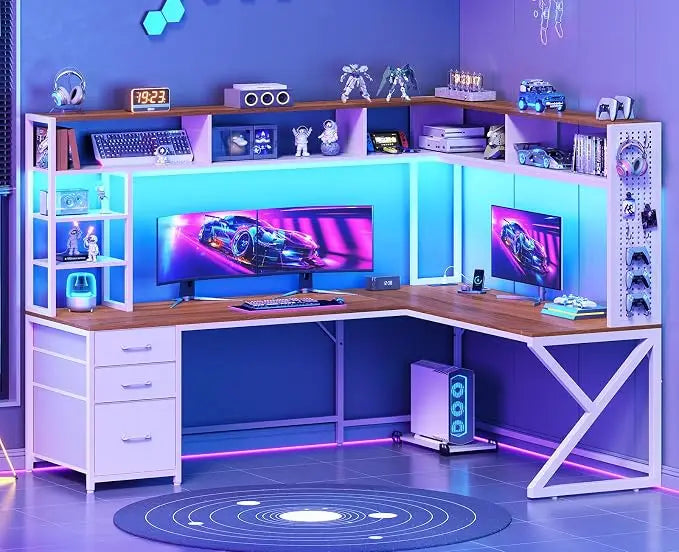 L Shaped Gaming Desk with Storage Shelves and Hutch, Convertible 94.5" Computer Desk with Drawers, Corner Computer, Customized