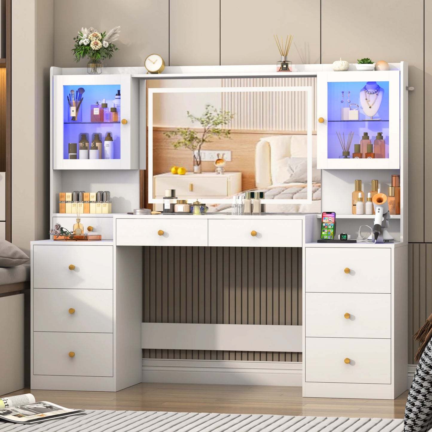 61.7" Large Vanity Desk with Mirror and Lights, Makeup Vanity with Charging Station, Sliding Drawers, 2 Cabinets with Glass Door