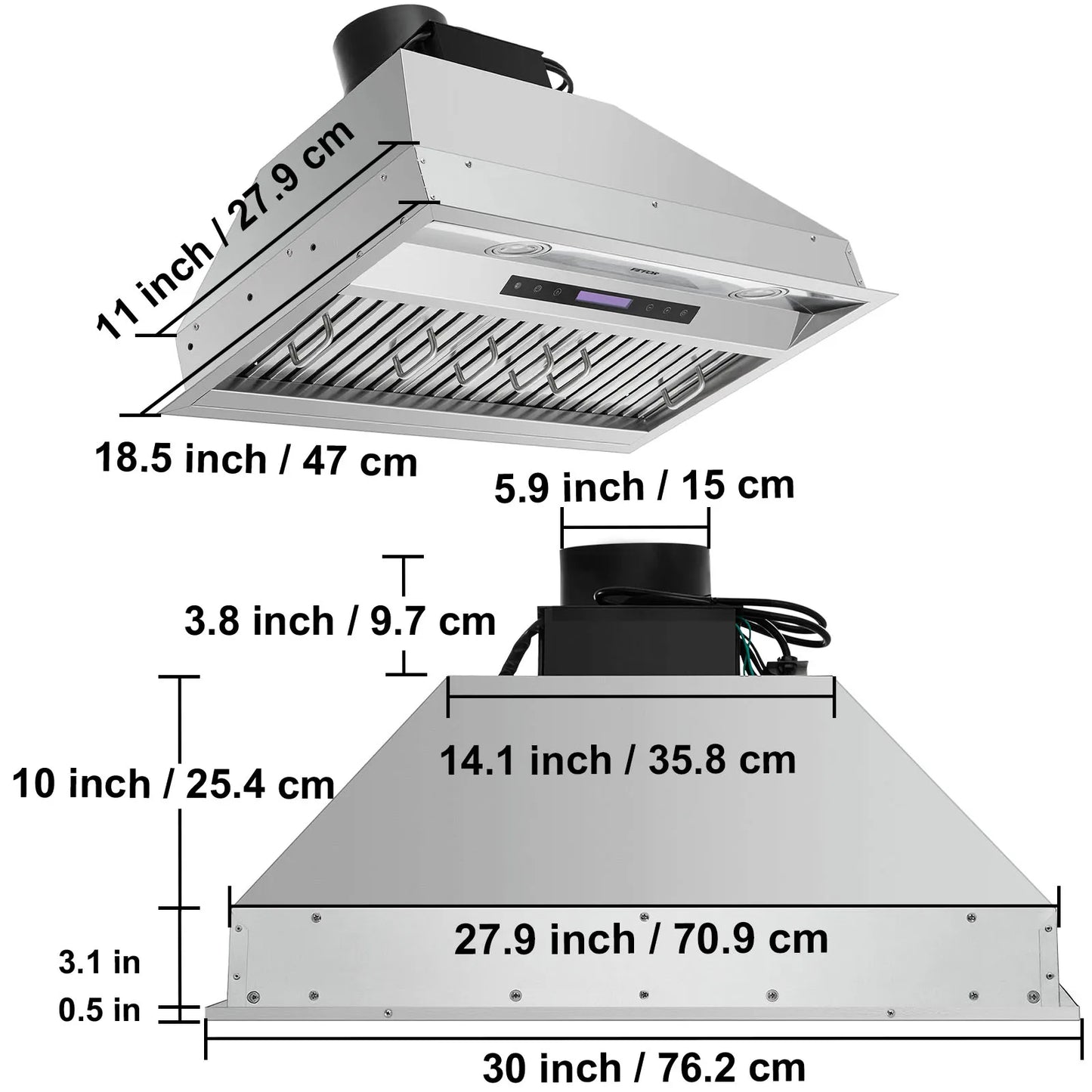 VEVOR Built-in Range Hood 800/900CFM 3/4-Speed 30/36 Inch Stainless Steel with LED Lights Baffle Filters Ducted Convertible ETL
