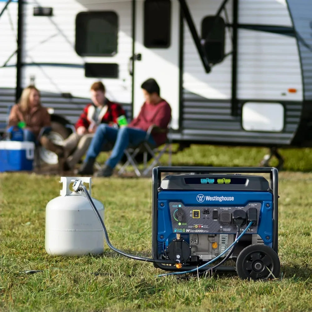6500W Dual Fuel Portable Generator with CO Sensor, 30A RV & Transfer Switch Outlets, 14.5H Runtime