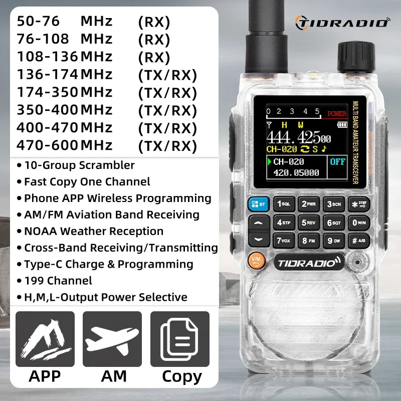 TIDRADIO H3 Walkie Talkie Phone APP Wireless Programming HAM Air Band Long Range Radio USB Type-C Cable Programming &Charge
