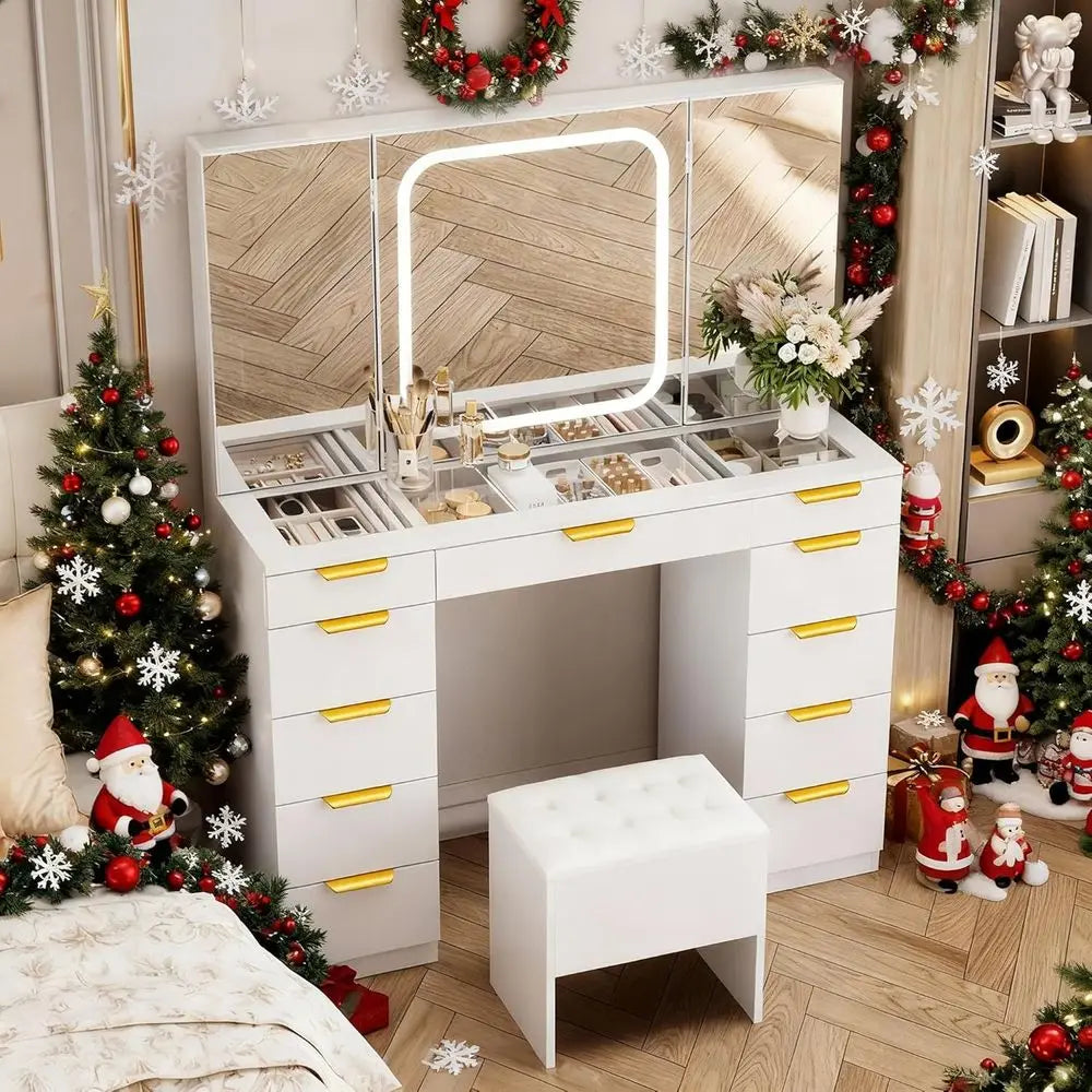 LED Lighted Makeup Vanity Desk with Glass Top, Adjustable Mirror, Chair, and Power Outlet