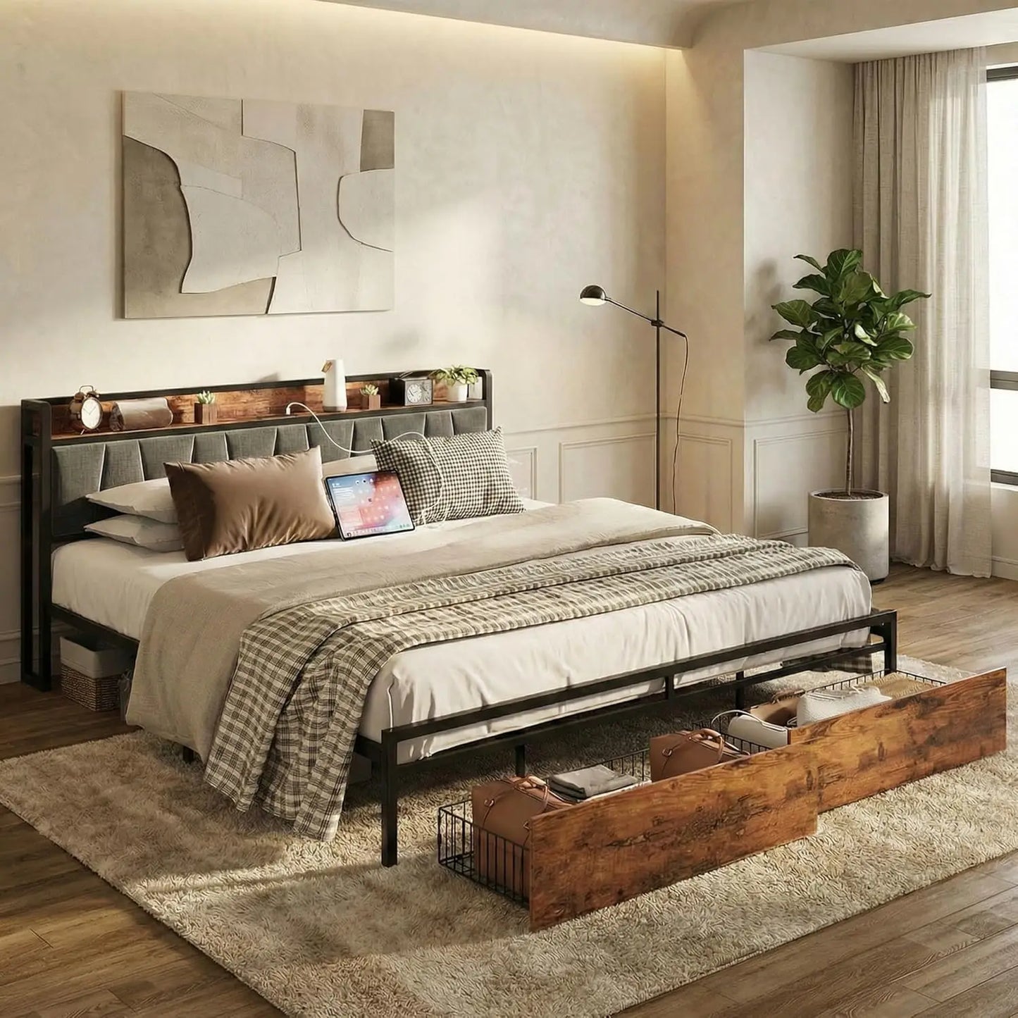King Size Platform Bed Frame with Storage Headboard, Charging Station, Drawers, Easy Assembly in Industrial Brown and Gray