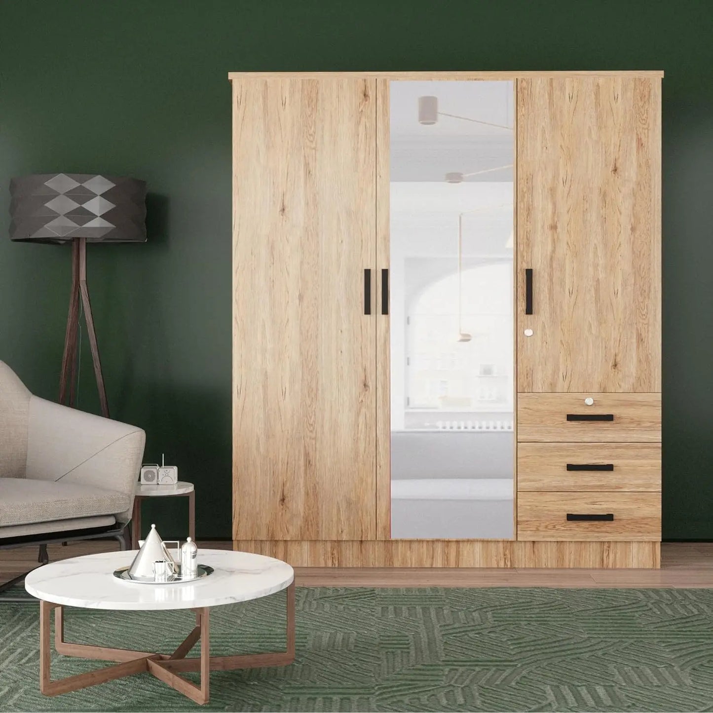 3 Door Wardrobe Closet With Mirror & Drawers Natural Oak Finish, Customized