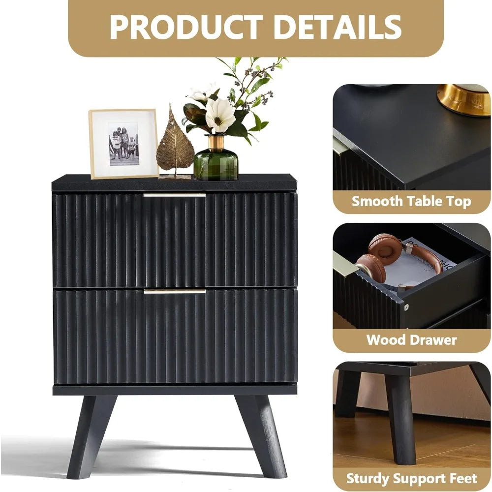 Fluted Nightstand, Mid Century Modern 2 Drawer Bedside Table for Bedroom, Small Dresser Night Stand Side Table End Tables with W