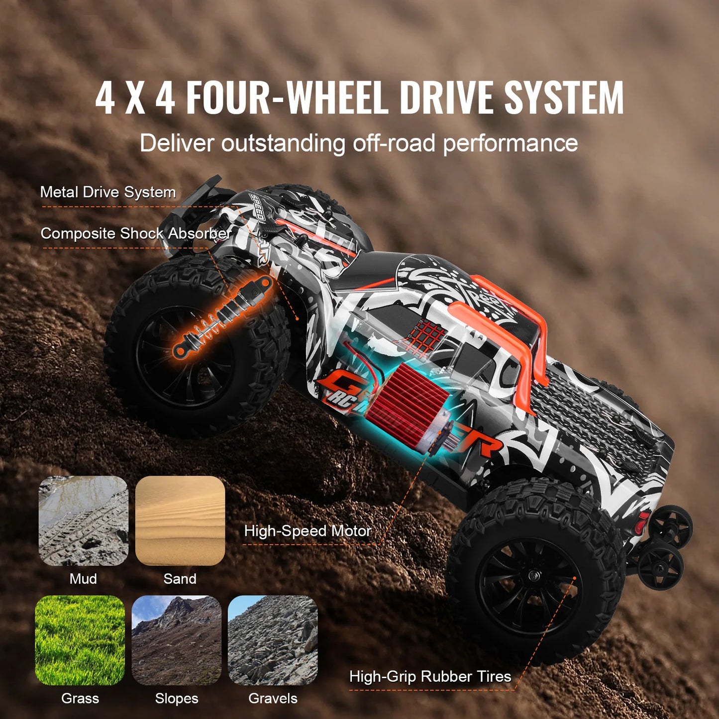 SucceBuy 1:14 Brushed 38KM/H 4WD RC Car All Terrain Off-Road Toys with 2 Batteries Monster Drift Racing Truck for Kids Gifts