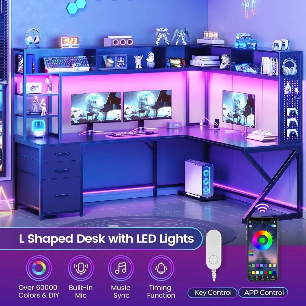 L Shaped Gaming Desk with Storage Shelves and Hutch, Convertible 94.5" Computer Desk with Drawers, Corner Computer, Customized