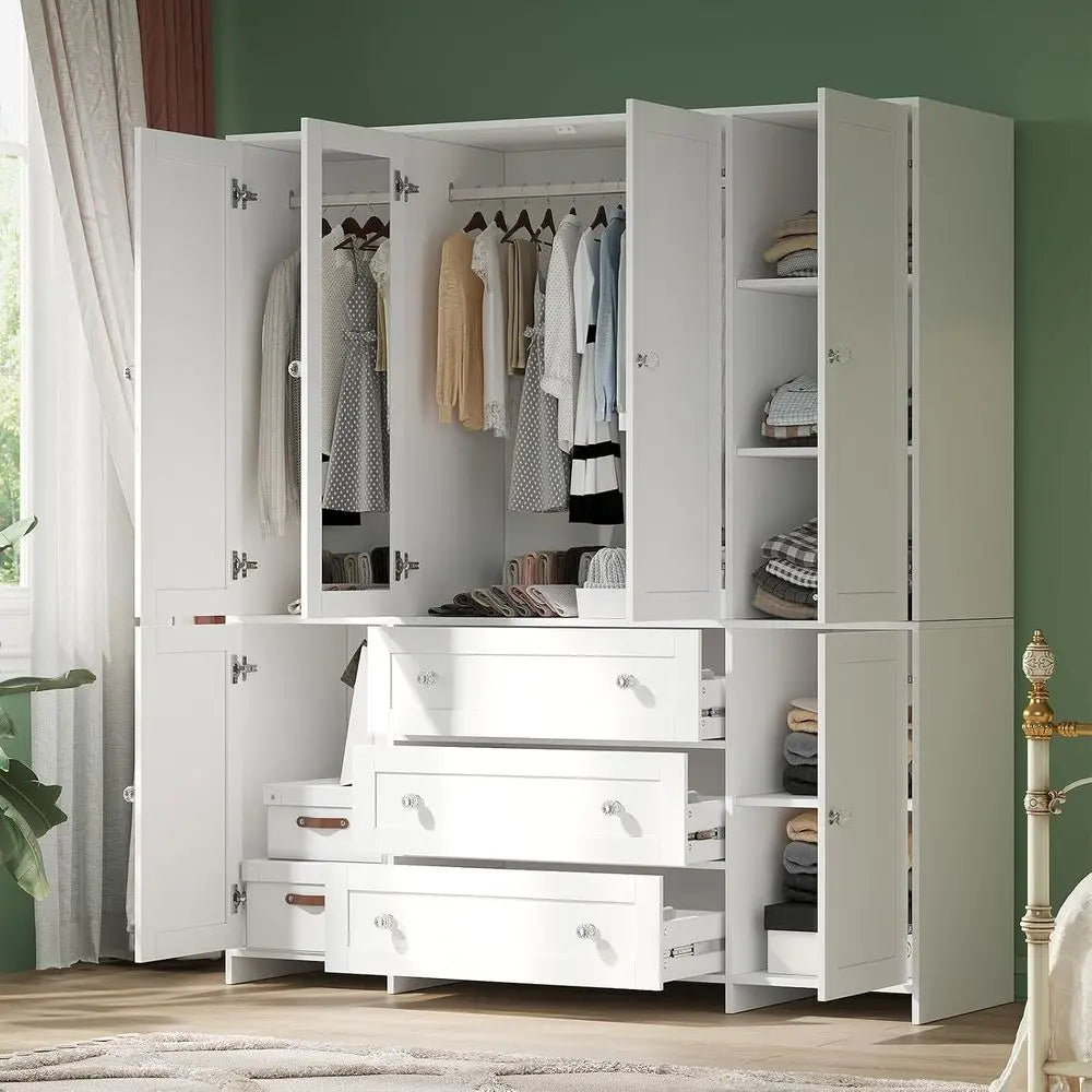 Armoire Wardrobe Closet with Ders and Mirror, 71" Clothing Storage Cabinet with Hanging Rod, 6 DoWooden Wardrobe Cabinet or Bedr