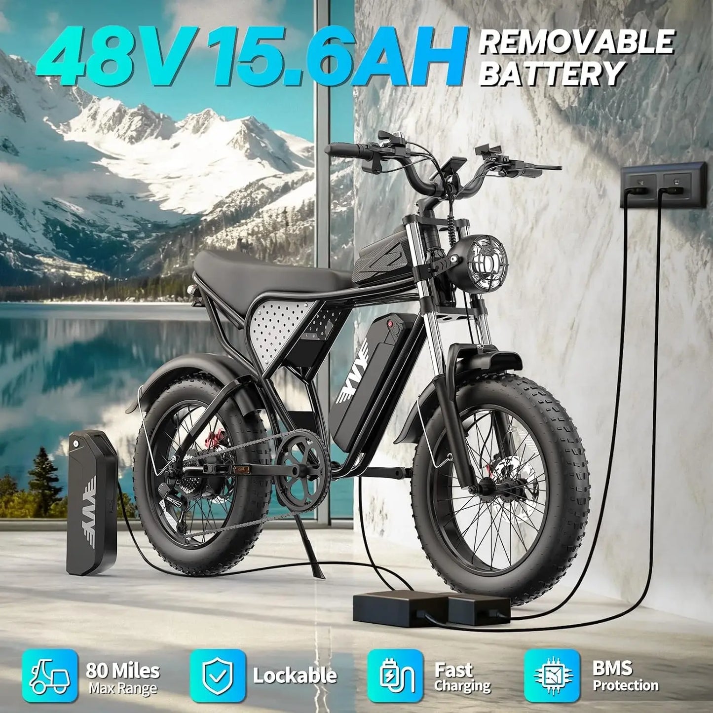Electric Bike for Adults, 48V 40/25/20/15.6Ah Battery, 1500W-3000W Peak Motor, 20" Fat Tire All-Terrain E-Bike with, Custom