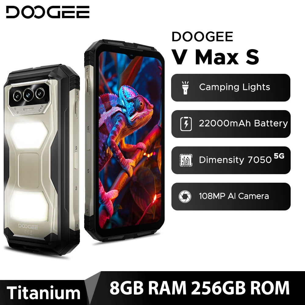 Global Version DOOGEE V Max S 5G Rugged Phone 24GB(8+16) 256GB 6.58" 120Hz 22000mAh Battery 108MP Camera Dual Camping Lights