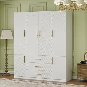 Wooden Armoire Wardrobe Closet：Modern Armoire Wardrobe Closet with 4 Doors, 2 Drawers and Hanging Rods for Tall Cabinet, Large C