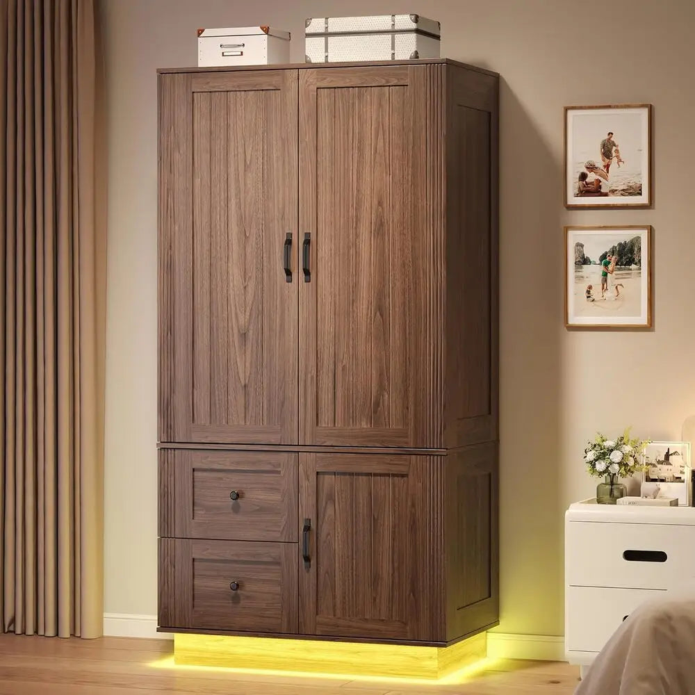 LIKIMIO Farmhouse Wardrobe Closet with Doors, 70" Bedroom Armoires with LED Lights and Hanging Rod,Wooden Large Wardrobe Cabinet