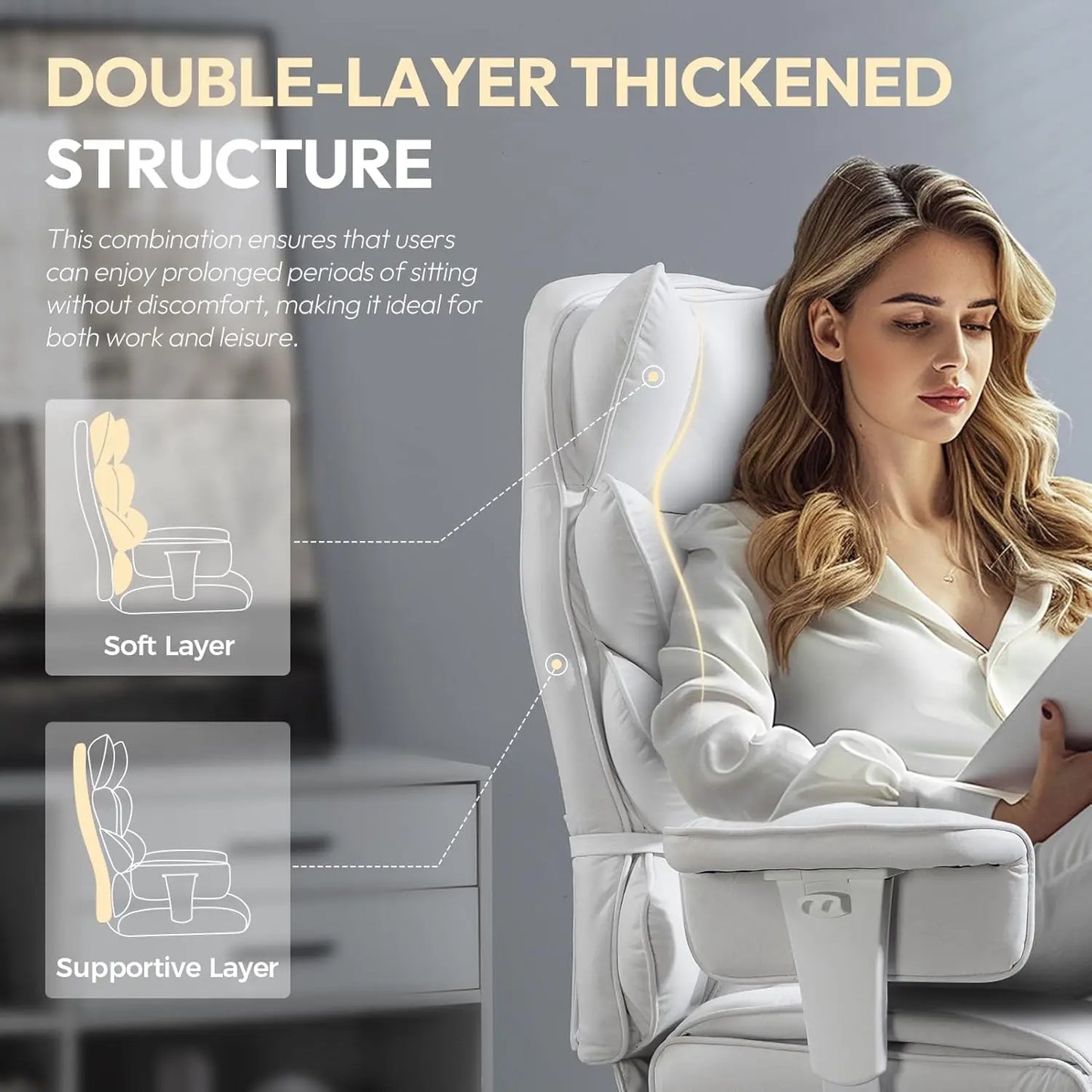 High Back Computer Gaming Chairs with Adjustable Armrests,Executive Desk Chairs with Lumbar Support and Footrest,(Fabric, White)