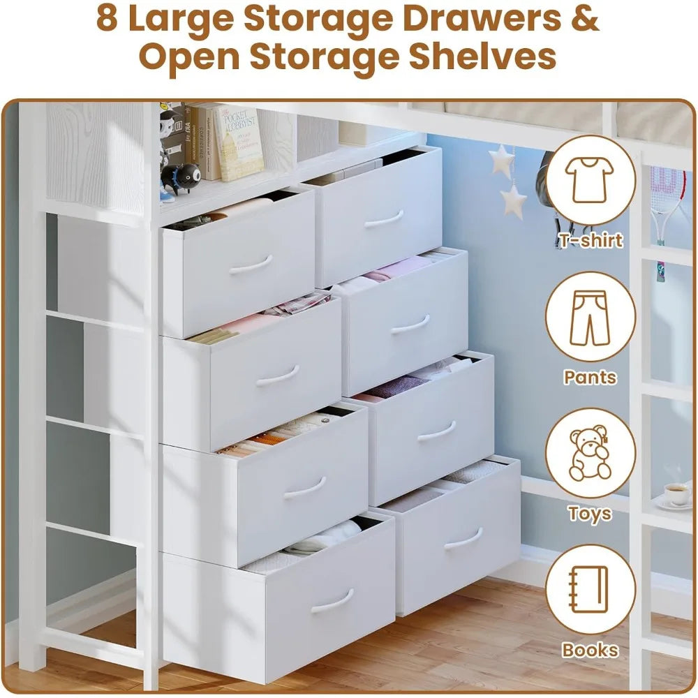 Twin Loft Bed with Desk & 8 Drawers Tall Dresser, Metal Loft Bed with LED Lights & Charging Station, 2-Tier Storage Shelves, Sta