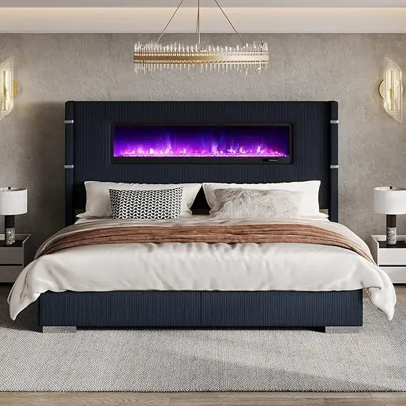 Modern King Size Bed Frame with Fireplace, Wingback Platform Bed Frame with 60.4“ Extra Tall Headboard, Corduroy