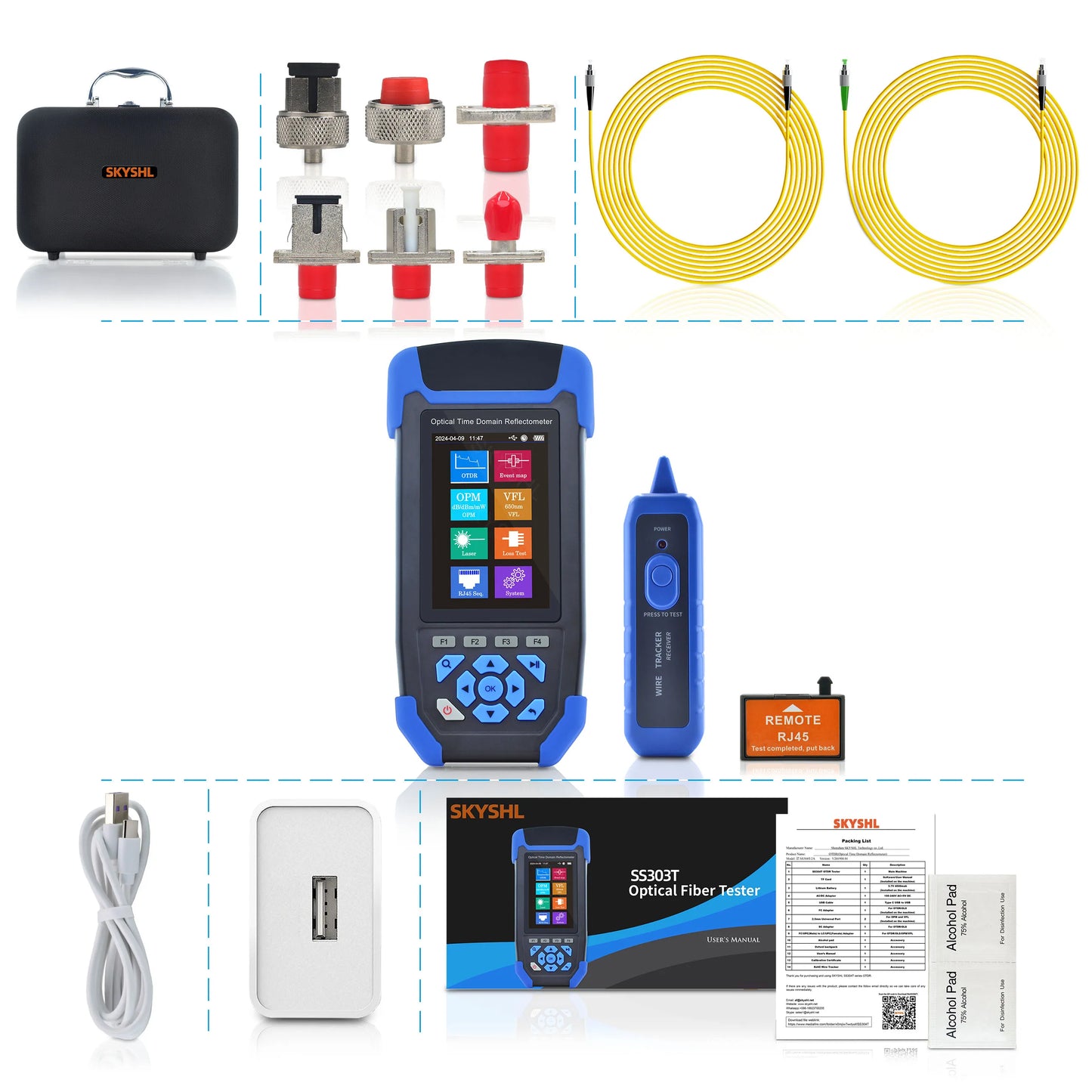 SKYSHL 1310nm/24dB+1550nm/22dB SM OTDR OPM+OLS+VFL+Event Map+Loss Test Fiber Tester Compatible with SC+FC+ST+LC UPC&APC