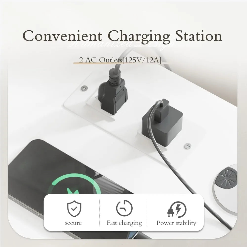 Shaped Desk with Drawers&Shelves, 55'' Corner Computer Desk with Power Outlets, Reversible PC Table with Storage File Cabinet