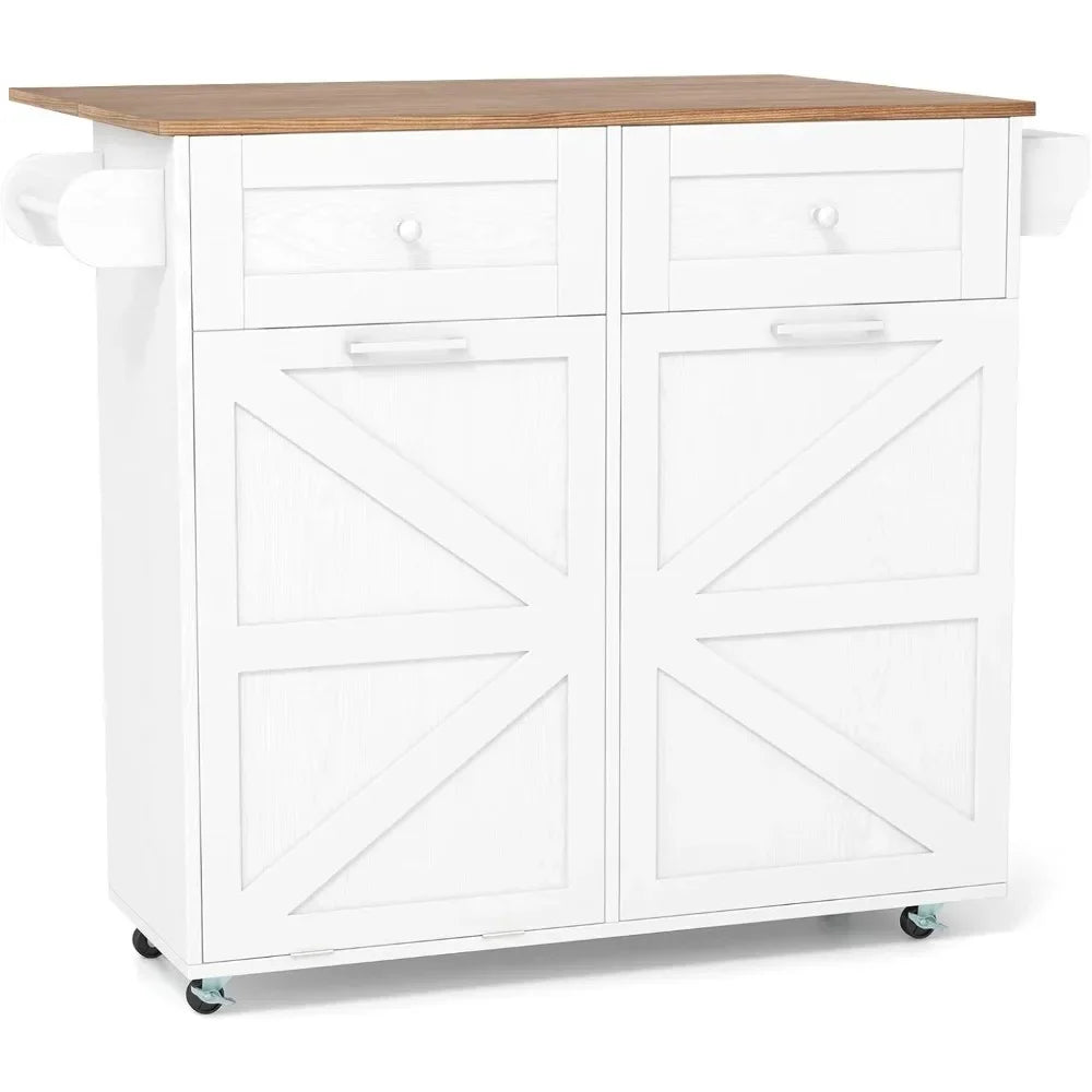 Rolling Kitchen Island with Trash Can Storage Cabinet, Drop Leaf Breakfast Bar Table, Towel Holder, 2 Drawers & Door Racks