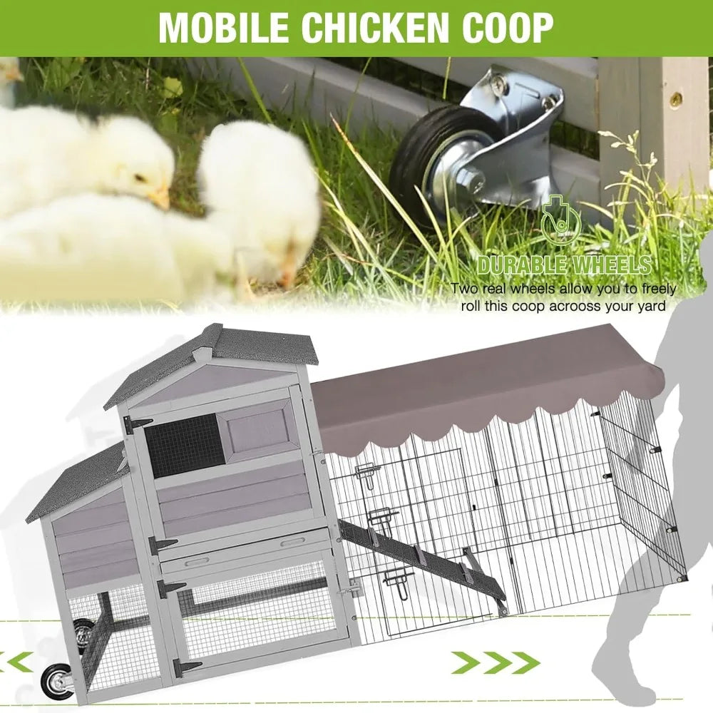 Large Mobile Chicken Coop - All-Steel Frame Hen House with Wheels, Metal Run, and Waterproof Cover