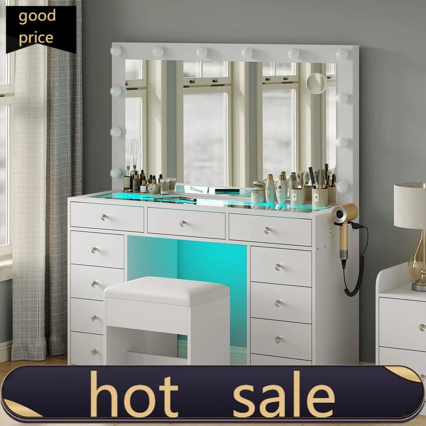 Makeup Vanity Desk with RGB Lights and Large 47.2’’ Mirror, 11 Drawers Makeup Vanity with Lighted Mirror, 3 Color Option, Bright