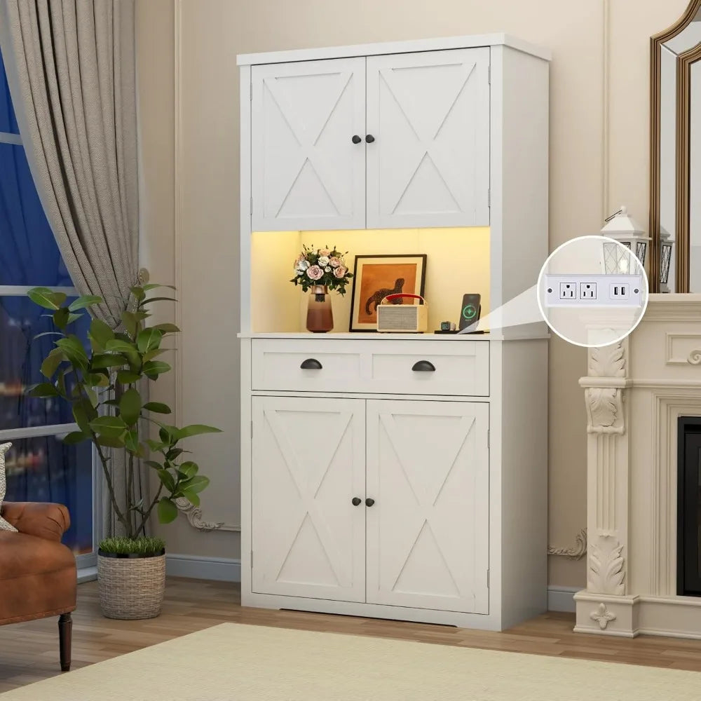 72" Farmhouse Kitchen Pantry Cabinet With LED, Operation Table & Power Outlet, Tall Storage With Drawer, Adjustable Shelves for