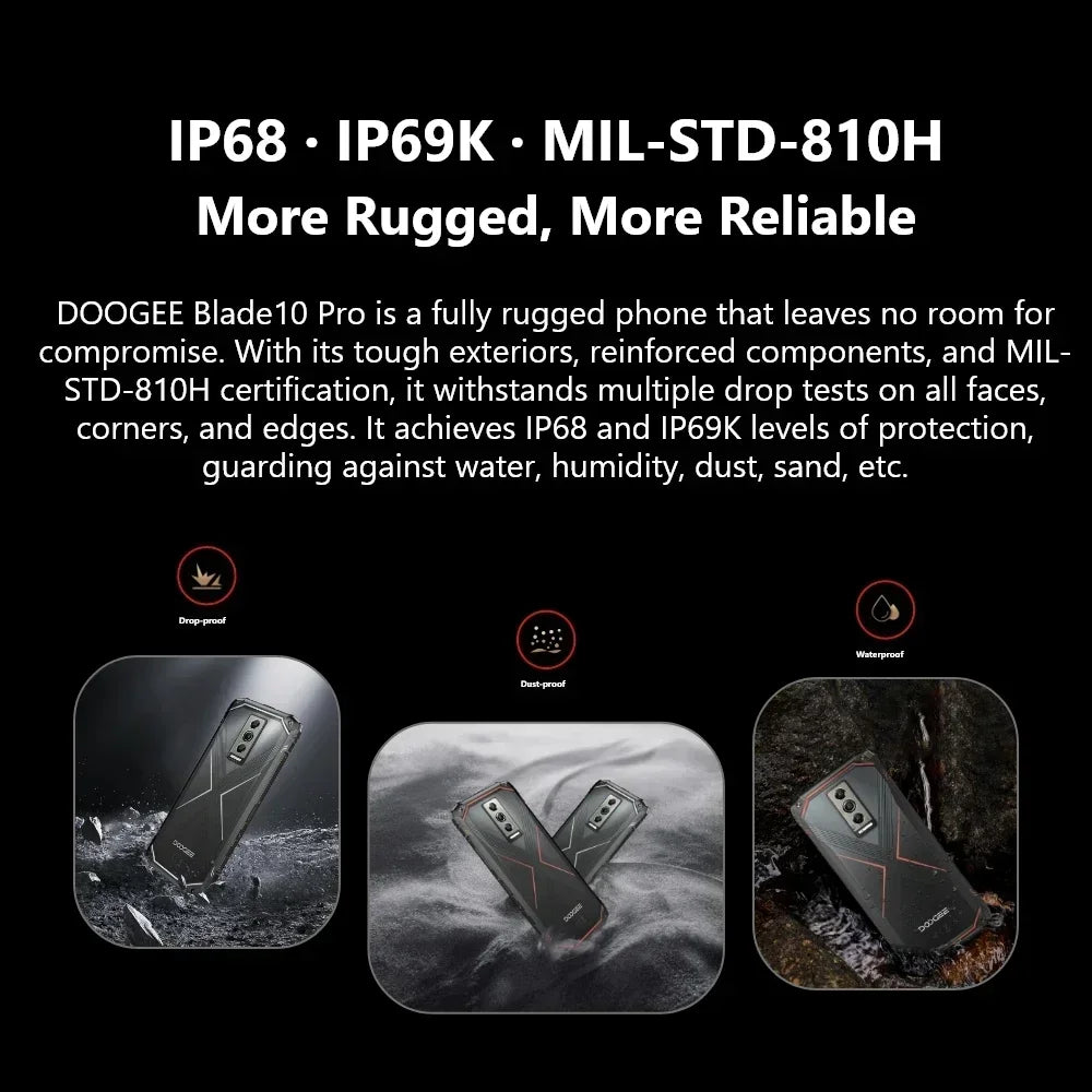 Global Version DOOGEE Blade10 Pro Rugged Phone 30GB(6+24) 256GB 6.56" 90Hz IPS UNISOC T7200 Octa Core 50MP Camera Android 15 NFC