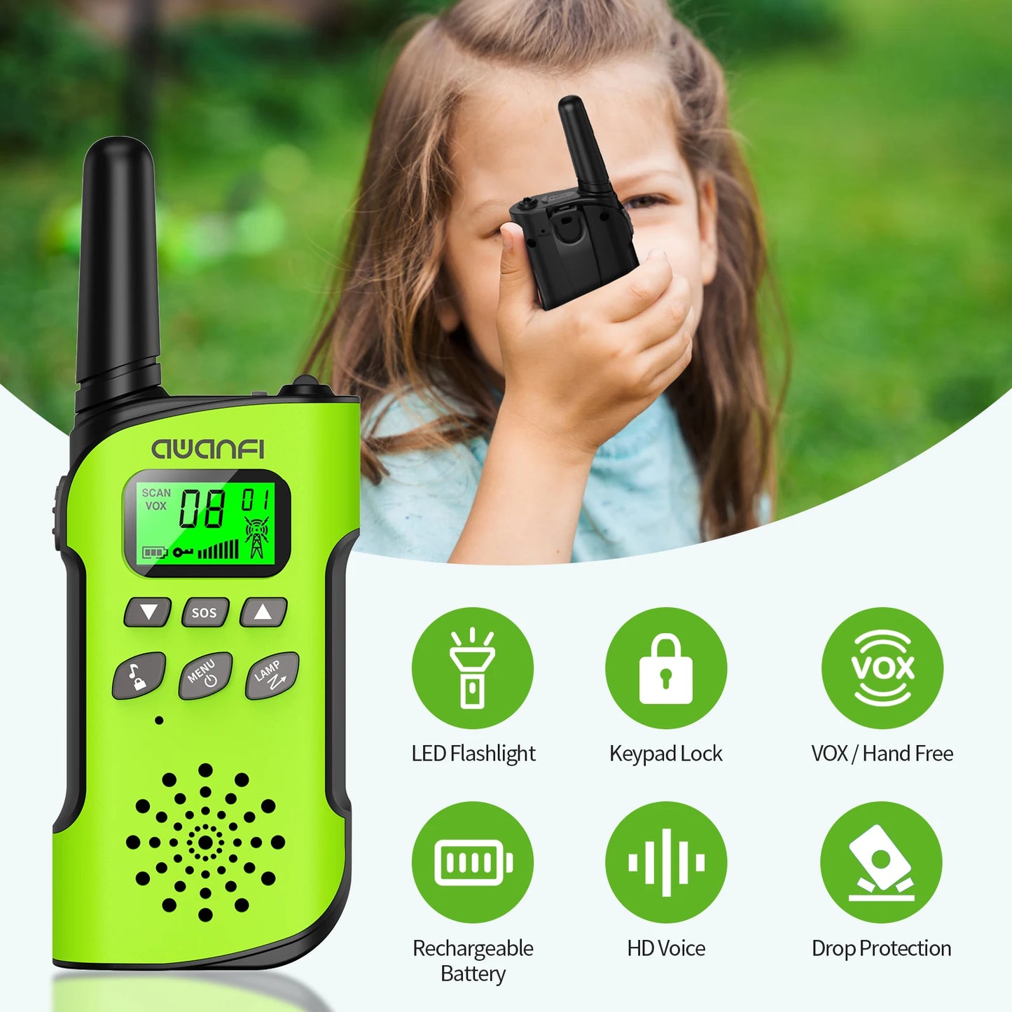 AWANFI Walkie Talkies 4 Packs Rechargeable  for kids, Long Range Flashlight 8 Channel, USB Type C for Camping, Hiking, Gifts