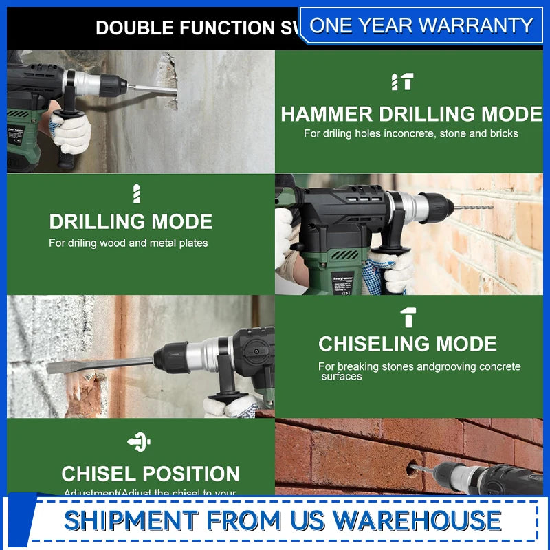 1-1/4" SDS-Plus Rotary Hammer 13 Amp Powerful Motor 4 Functions Rotary Hammer Drill with Case by Prostormer