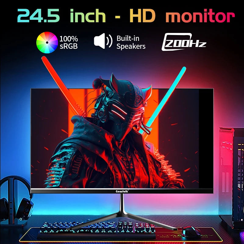 Gawfolk 24.5 Inch Gaming Monitor, 200hz PC Monitor FHD 1080P Frameless Computer Monitors, VA, sRGB 100%, DisplayPort, HDTV, Eye
