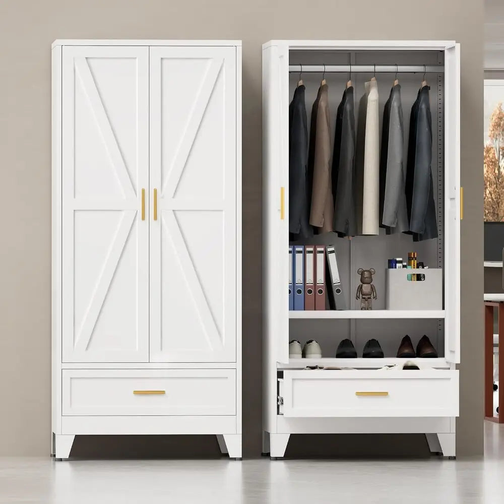 Metal Wardrobe Closet or Bedroom, 71" reestanding Armoire Wardrobe with Der and Shel, Hanging Rod Clothing Storage Cabinet with