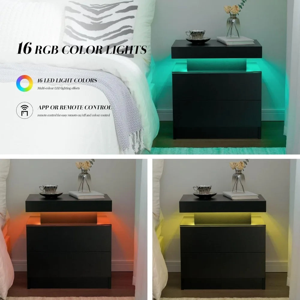 Nightstand LED Set of 2 Black Bedside Table LED Night Stand with LED Lights Modern End Side Table with 2 Drawers for Bedroom