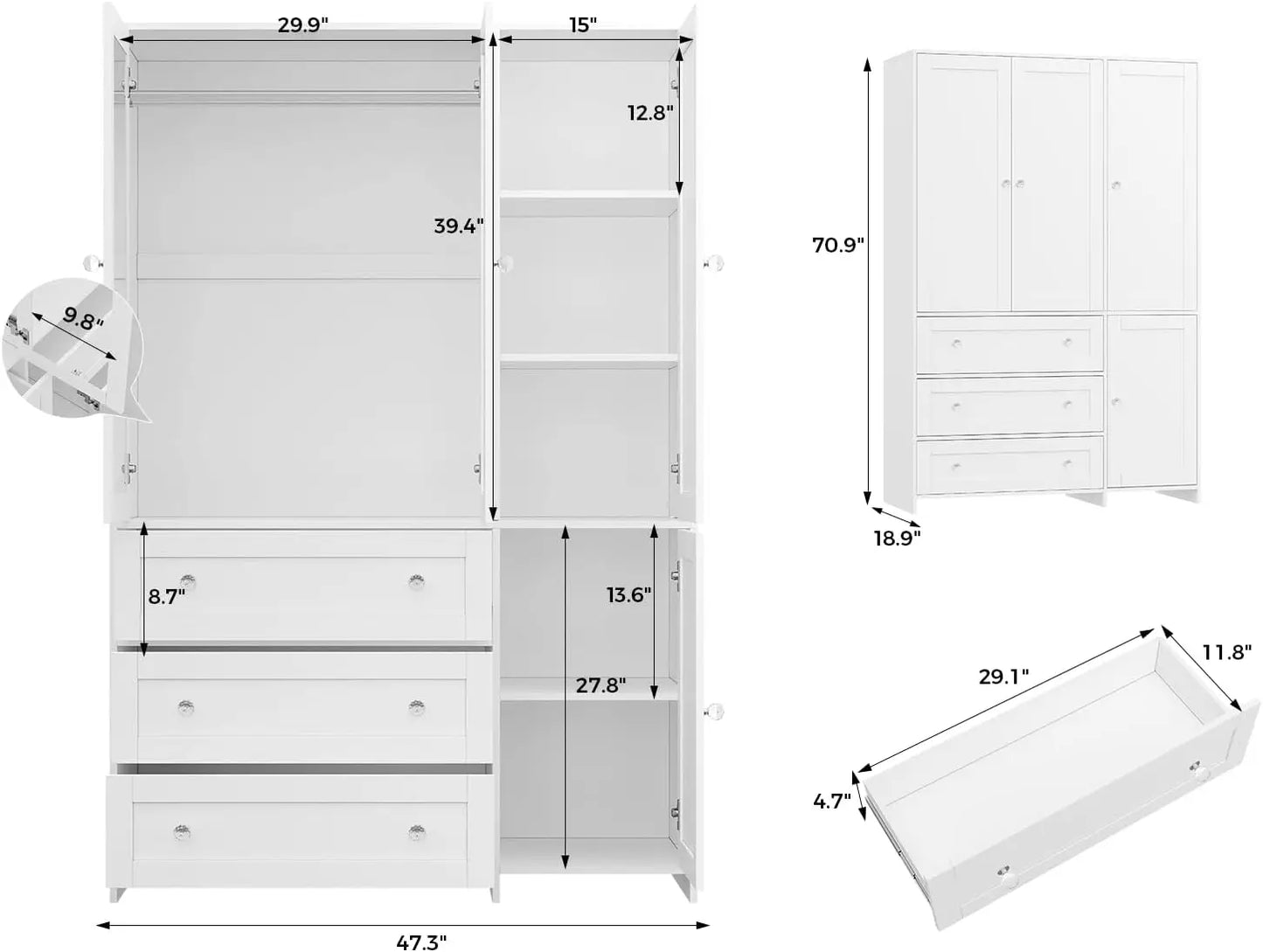 Armoire Wardrobe Closet with Drawers and Mirror, 71" Clothing Storage Cabinet with Hanging Rod, 4 Doors Wooden Wardrobe Cabinet
