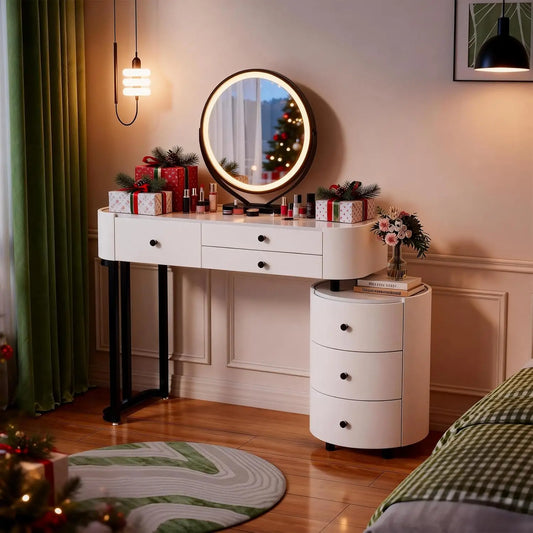 Vanity Desk with Round Mirror and Lights | Small Makeup Vanity with 6 Drawers | Dressing Table Adjustable | Modern, Customized