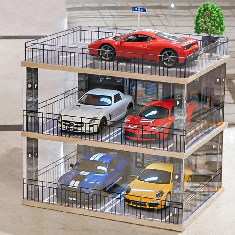 Popular|1:18 Scale 3-Tiers Model Car Display Case with Parking Lot Scene for Sports Car, Display Stand for Alloy Car Toy