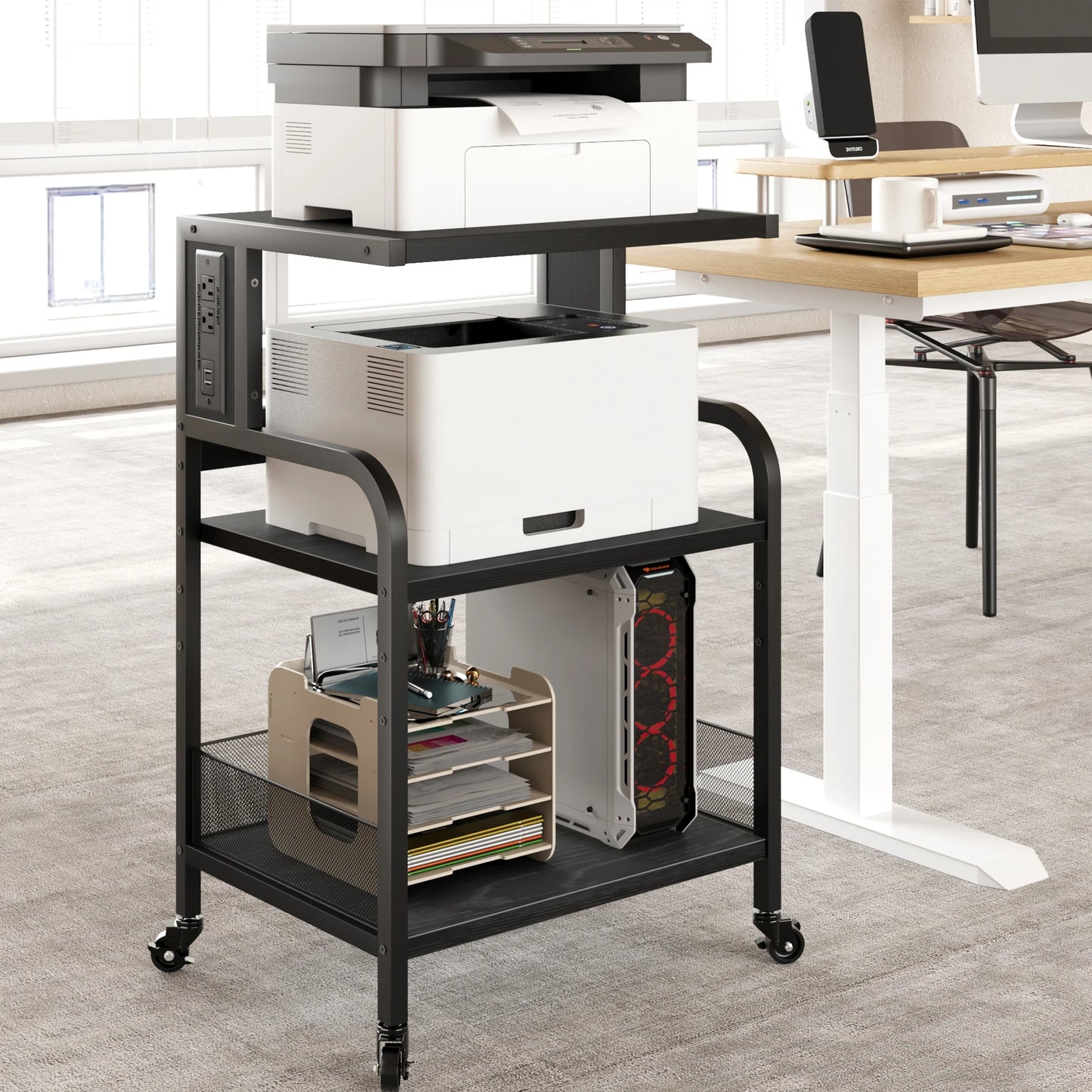 3-Tier Mobile Printer Stand Adjustable Storage Shelf with Charging Station 360° Rotating Wheels Sofa End Table for Home Office