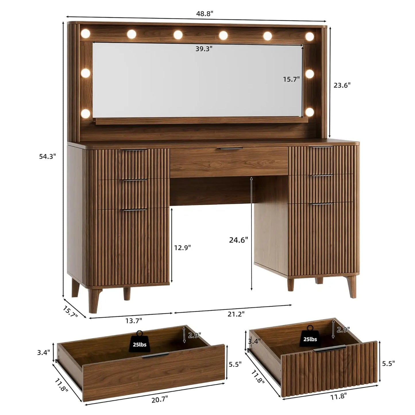 Fluted Makeup Vanity Desk with Large 39.3" Mirror and Lights, 48.8" Wood Vanity, Large Vanity Dressing Table, Customized