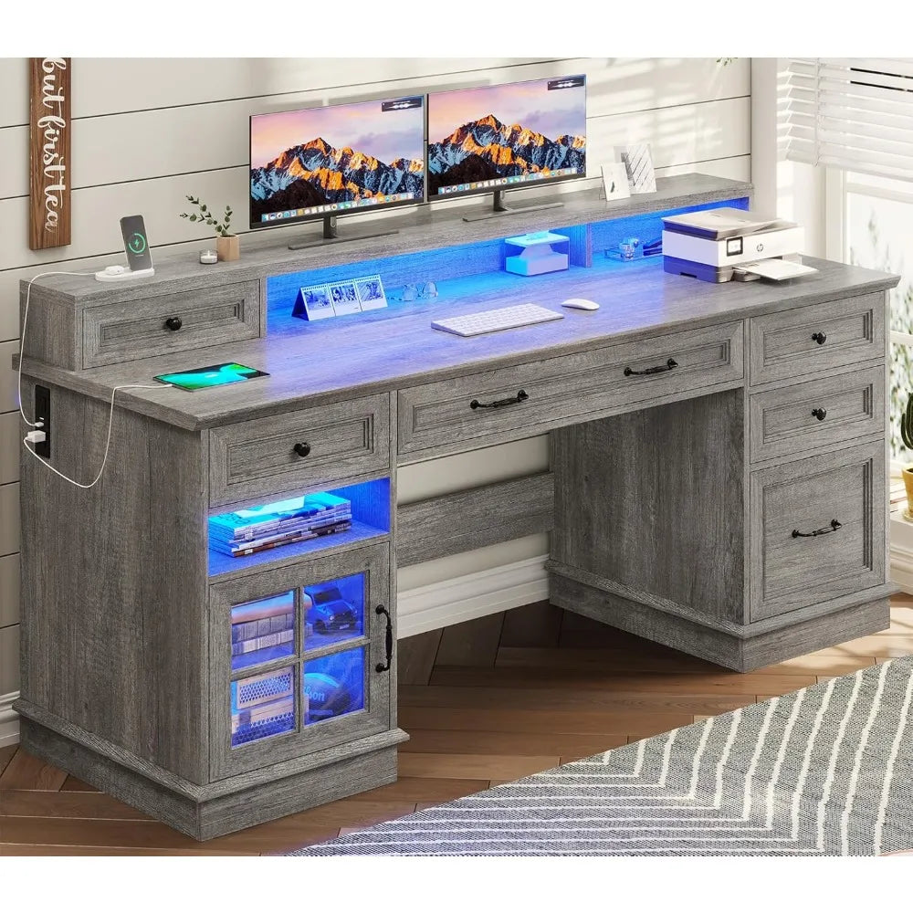 Farmhouse Executive Desk with File Drawer, Computer Desk with Charging Station & LED Lights, Home Office Desk with Drawers & Sto