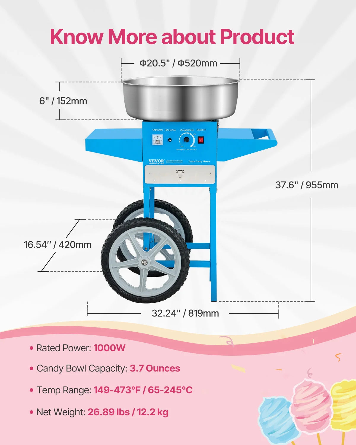 VEVOR Electric Cotton Candy Machine with Cart 1000W Commercial Candy Floss Maker with 20.5 in Stainless Steel Bowl, Sugar Scoop