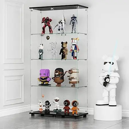 Glass Display Cabinet with 4-Shelf Double Doors and Lock, Curio Cabinet 5mm Tempered Glass Floor Standing Bookshelf for Living R