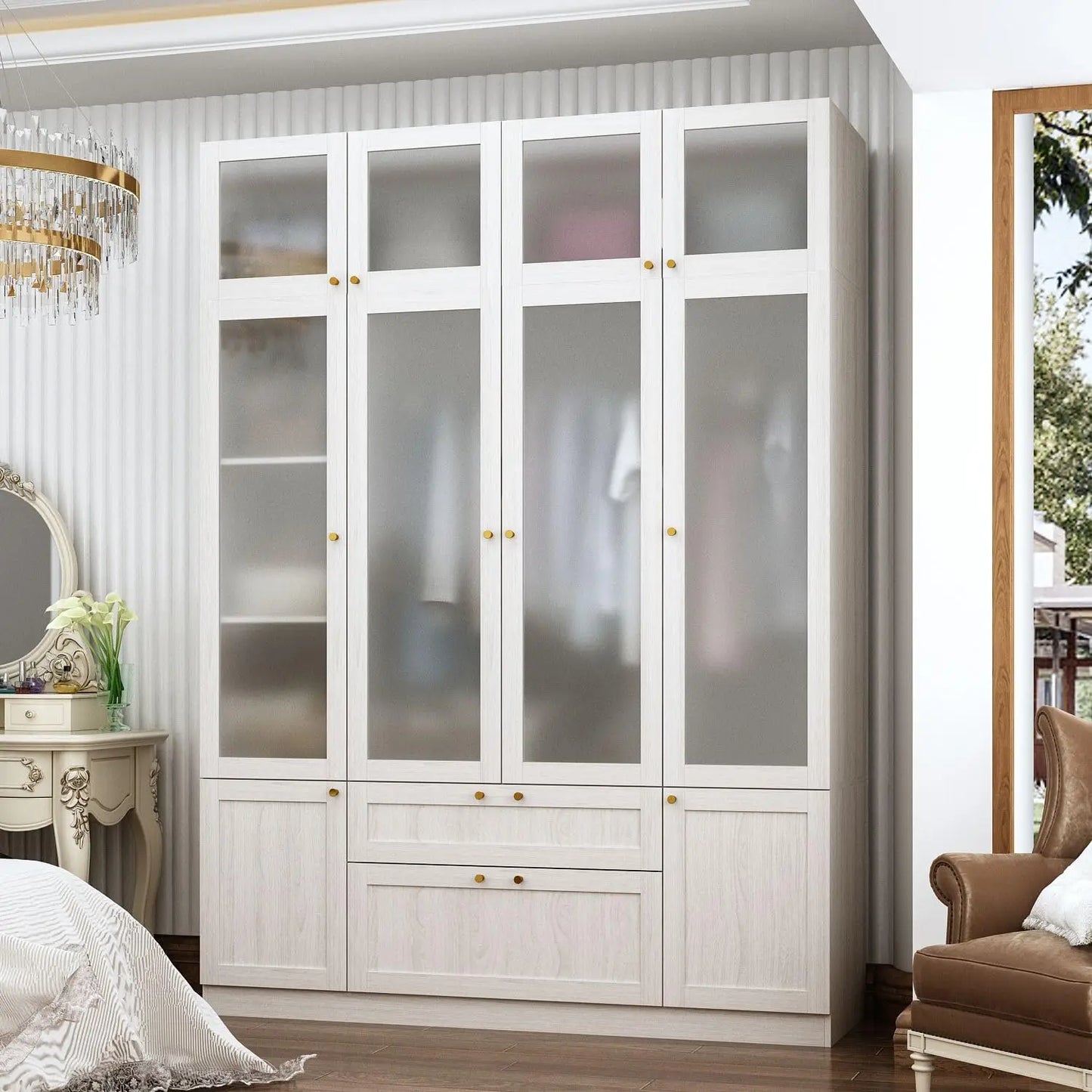 Wide Modern Bedroom Armoires with Frosted Glass Doors and Hanging Rod, Tall Wardrobe with Drawers, Large Armoire, Custom