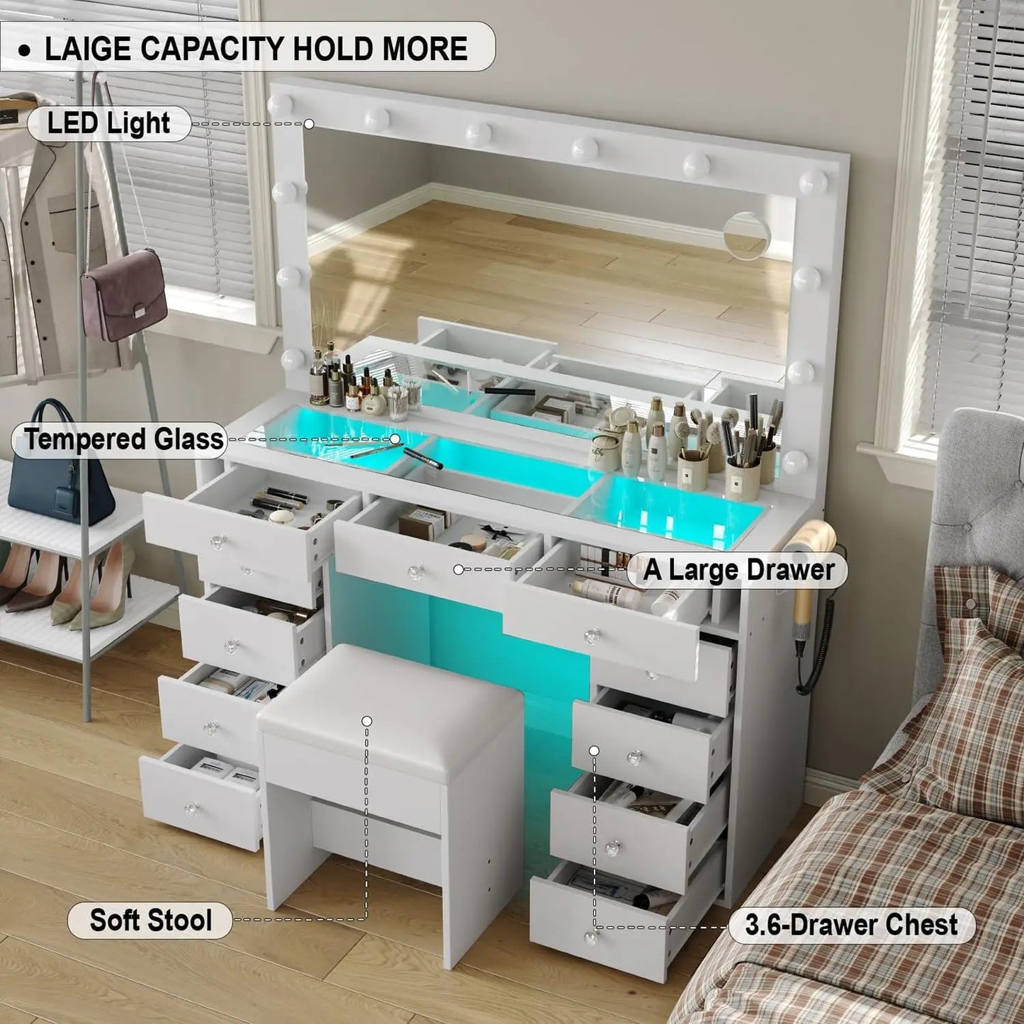 Makeup Vanity Desk with RGB Lights and Large 47.2’’ Mirror, 11 Drawers Makeup Vanity with Lighted Mirror, 3 Color Option, Bright