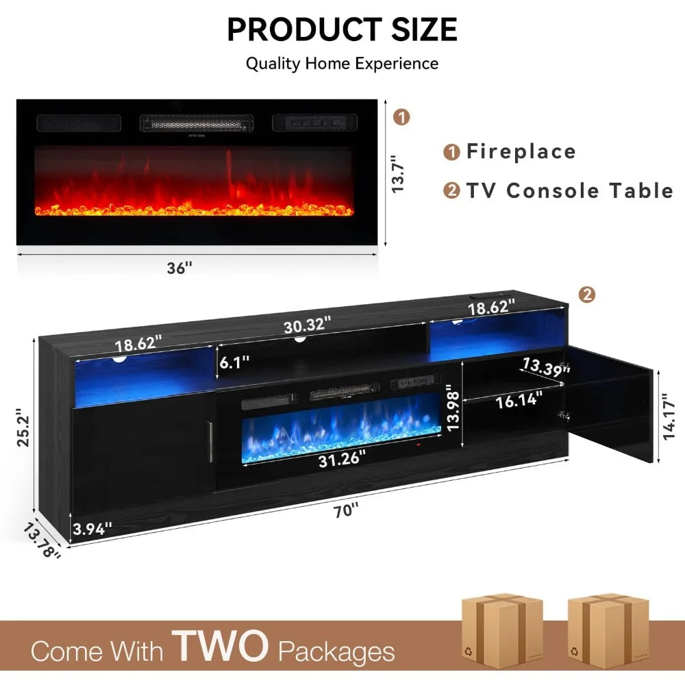 70" Fireplace TV Stand with Power Outlet for TVs UP to 80", Electric Fireplace Entertainment Center with LED Lights & Storage C