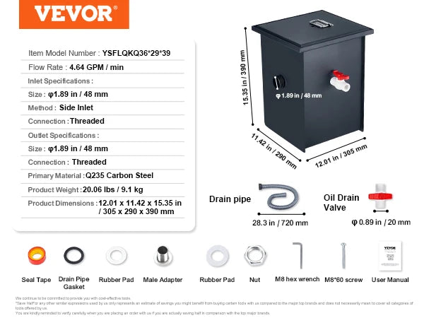 VEVOR Commercial Grease Trap 8 LBS Grease Interceptor Side Inlet Interceptor Under Sink Carbon Steel Grease Trap for Restaurant