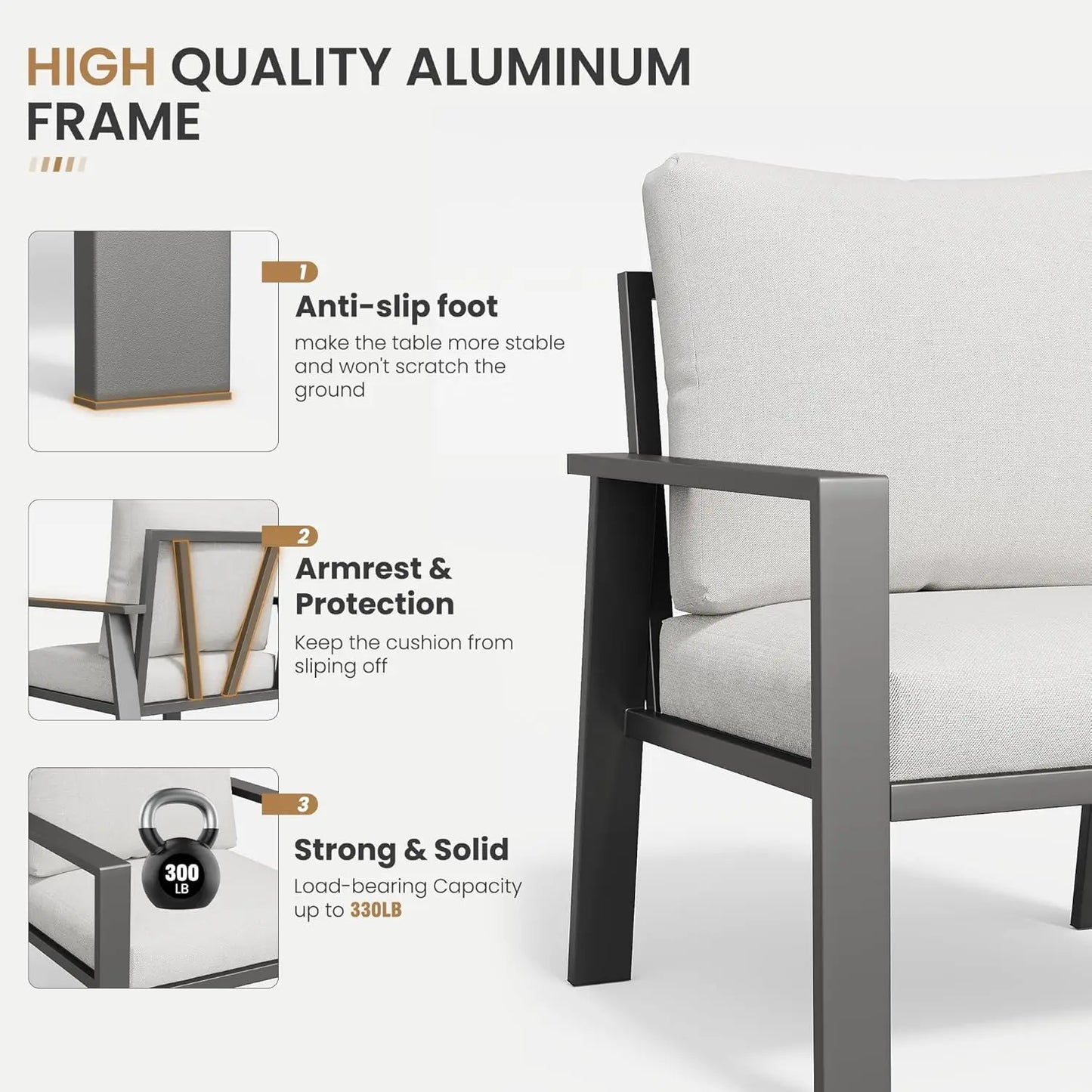Aluminum Patio Conversation Set 6 Pieces Metal Deck Outdoor Furniture 6-Seat All-Weather Rust-Proof Sectional Sofa Set, Custom